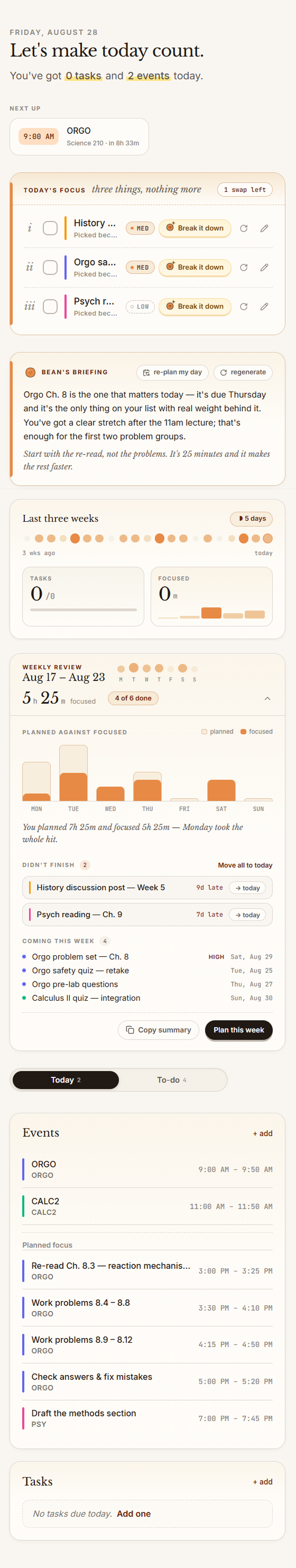 Ordo daily overview screen